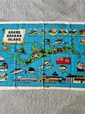 Vintage Dunmoy Grand Bahama Island Souvenir Tea Towel Pure Irish Linen - Blue